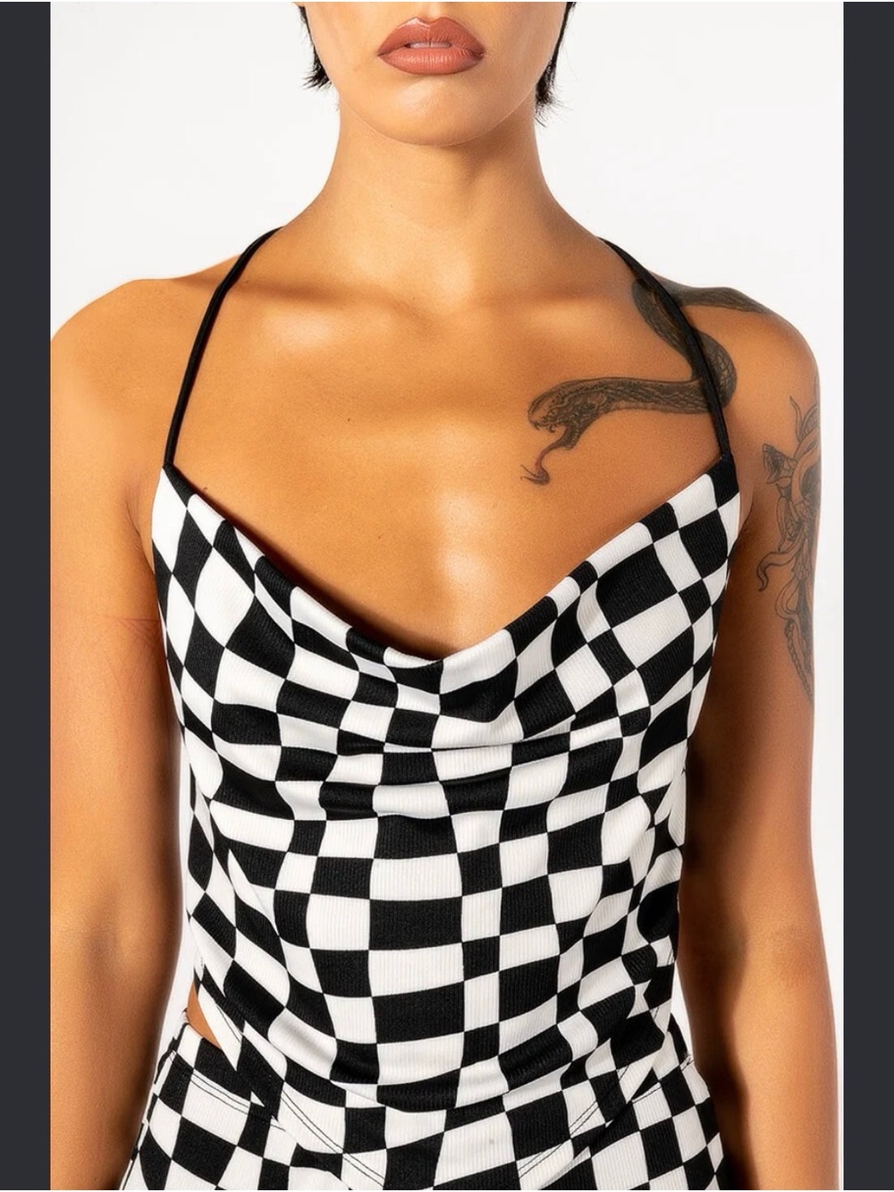 AKIRA Black & White Checkerboard Cowl Neck Top